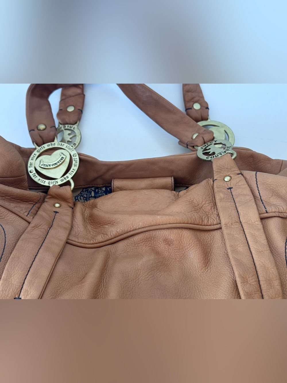 Vintage Y2K JUICY COUTURE Brown Tan Leather Hobo Tote Shoulder Bag Gold Logo Dog - Picture 7 of 16